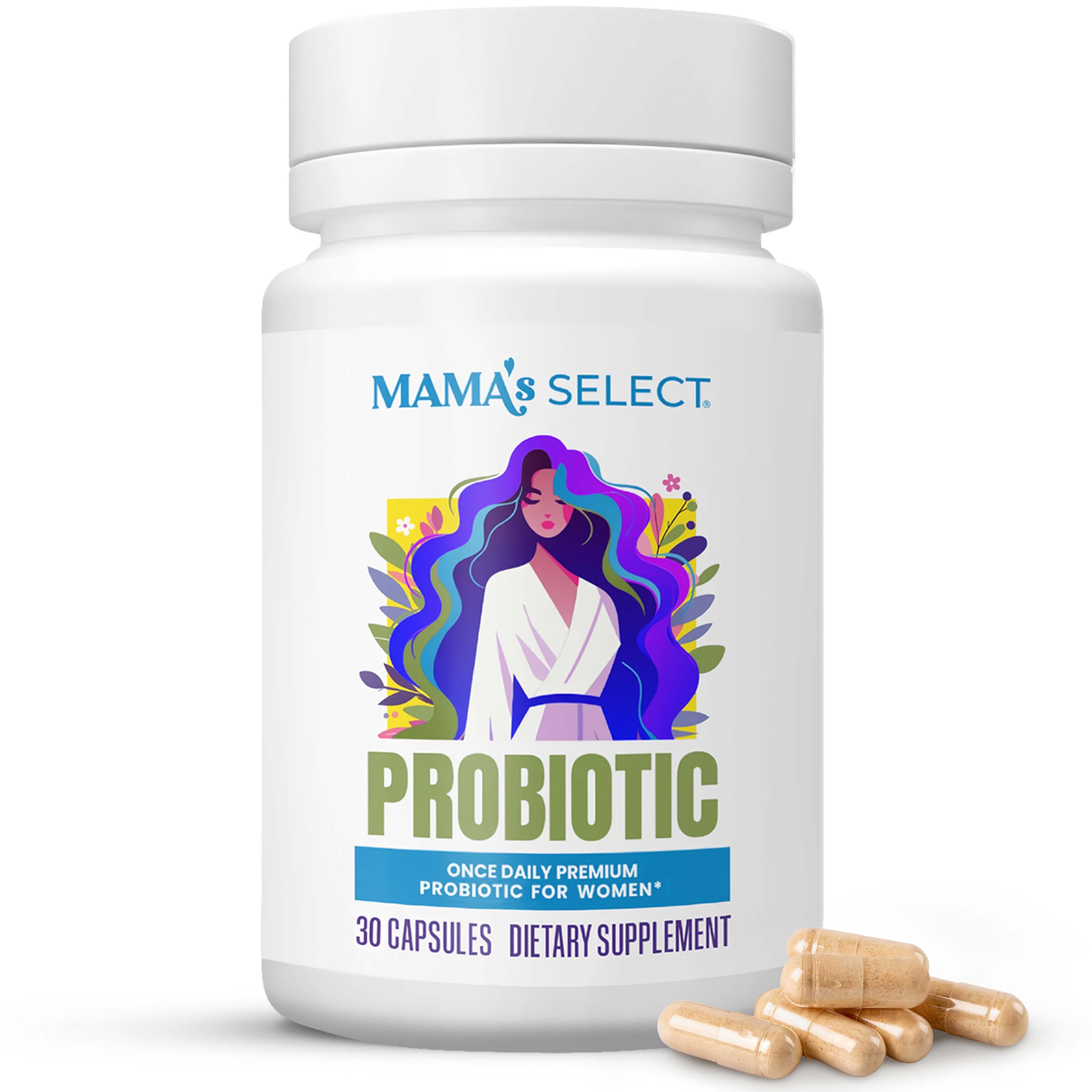 Mama's Select prenatal probiotics bottle front view highlighting pregnancy support.