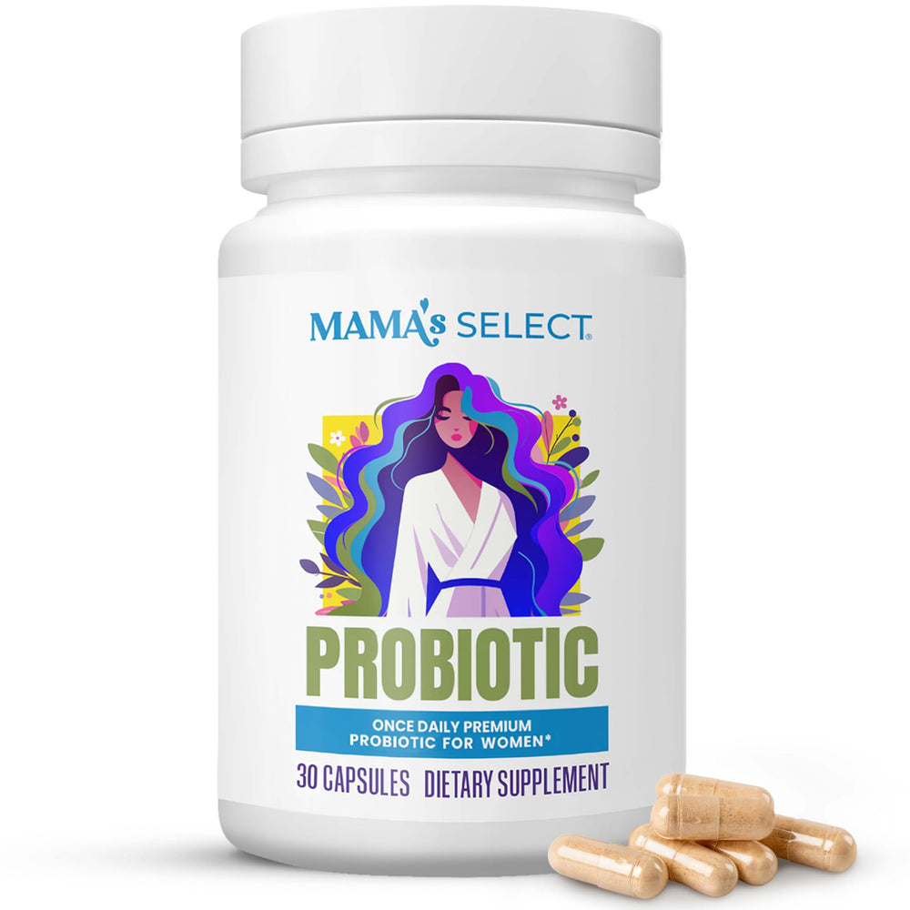 Mama's Select prenatal probiotics bottle front view highlighting pregnancy support.
