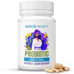 Mama's Select prenatal probiotics bottle front view highlighting pregnancy support.