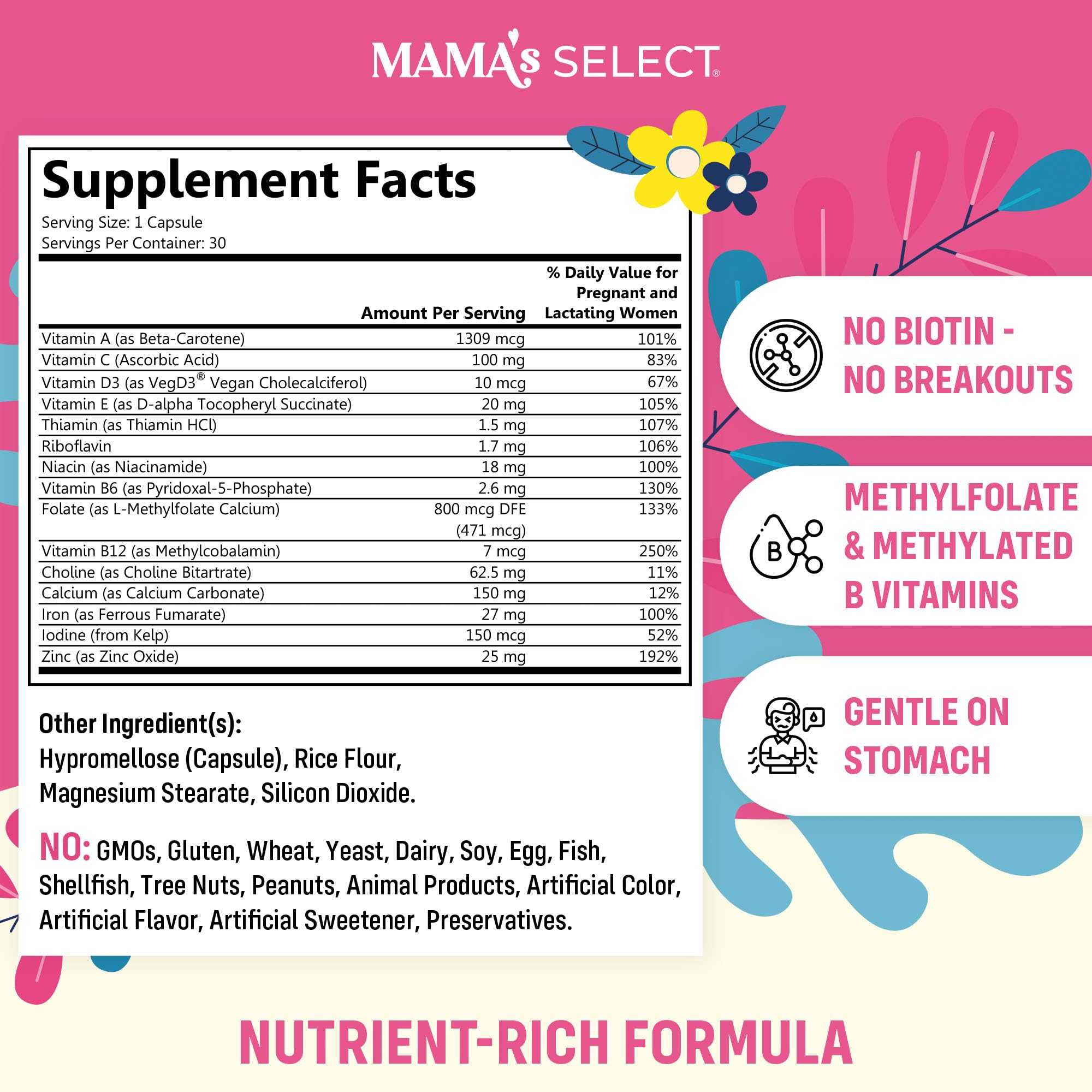 Close-up of Mama's Select Prenatal Vitamins capsule highlighting methylated folate for gentle digestion.