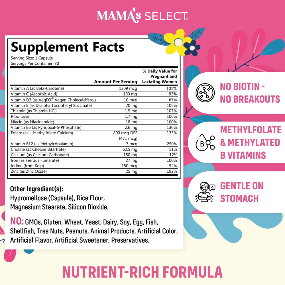 Close-up of Mama's Select Prenatal Vitamins capsule highlighting methylated folate for gentle digestion.