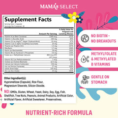 Close-up of Mama's Select Prenatal Vitamins capsule highlighting methylated folate for gentle digestion.