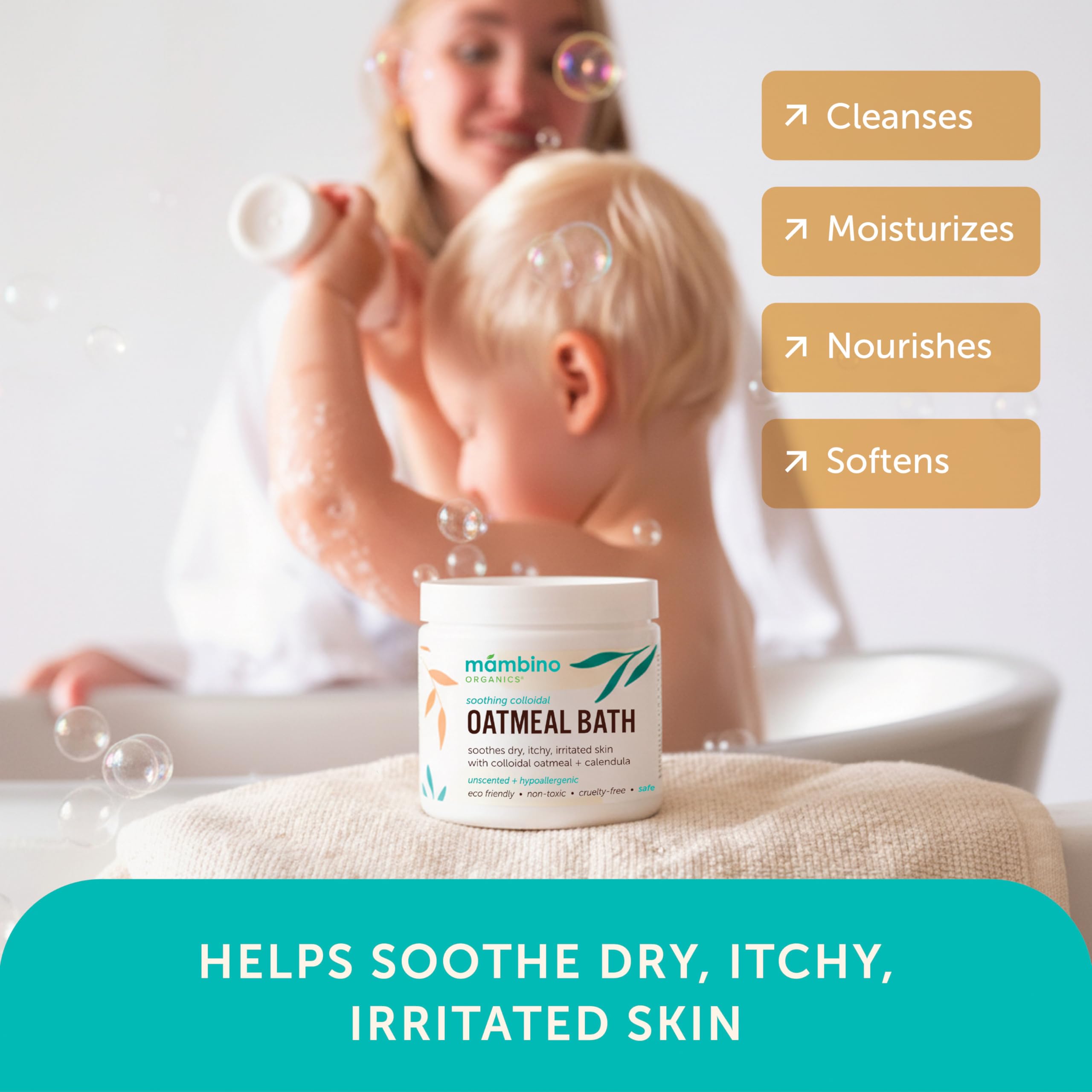 Mambino Organics oatmeal bath ingredients calendula chamomile highlight calming botanicals