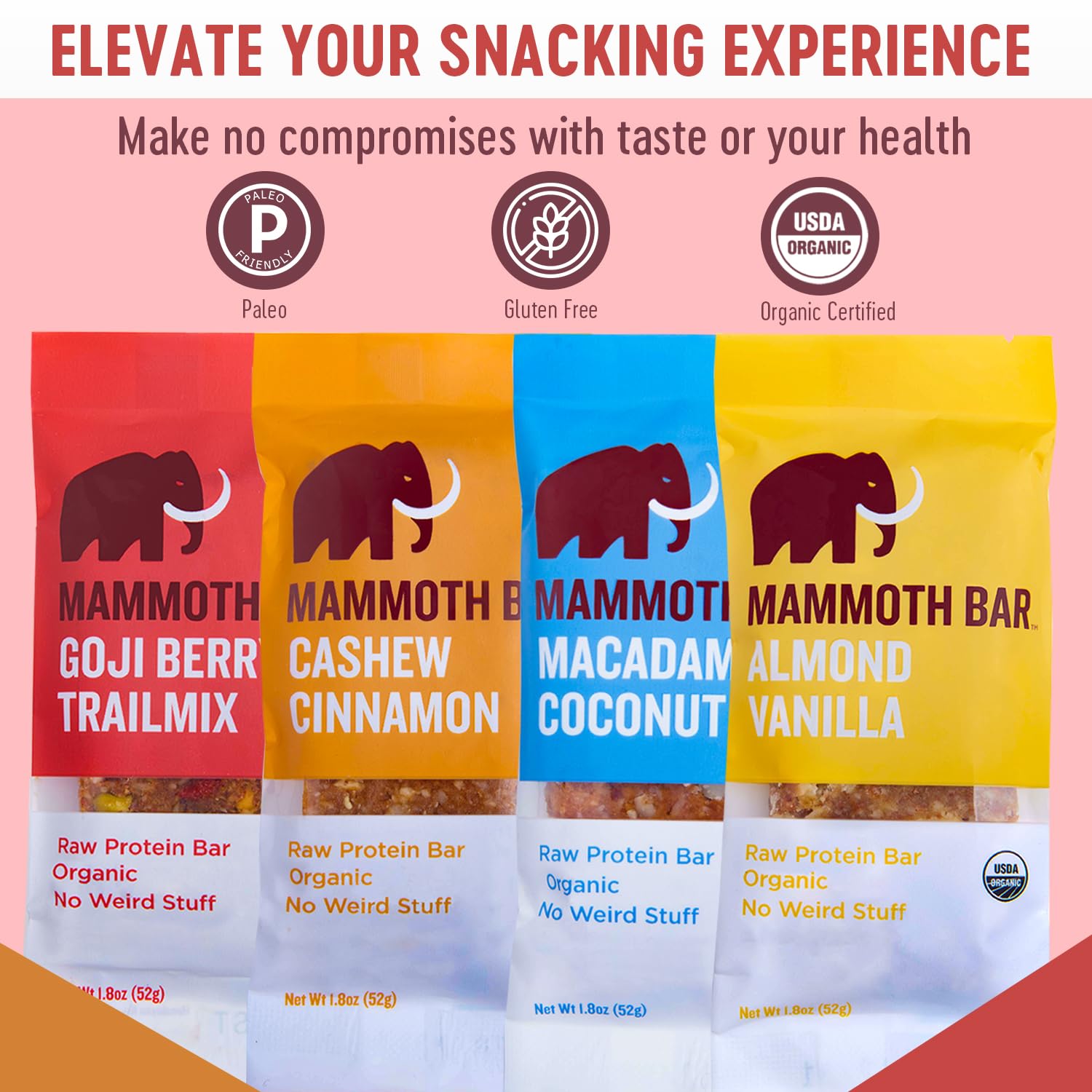 Mammoth Bar raw organic protein bar in almond vanilla close-up, highlighting natural ingredients.