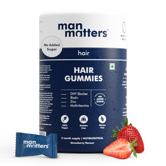 Man Matters Biotin Hair Gummy jar front shows packaging and daily nourishment potential