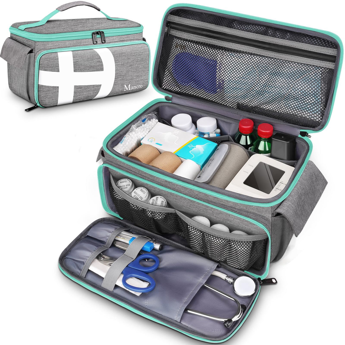 Mancro first aid bag with 12 pockets keeps supplies organized for quick access.