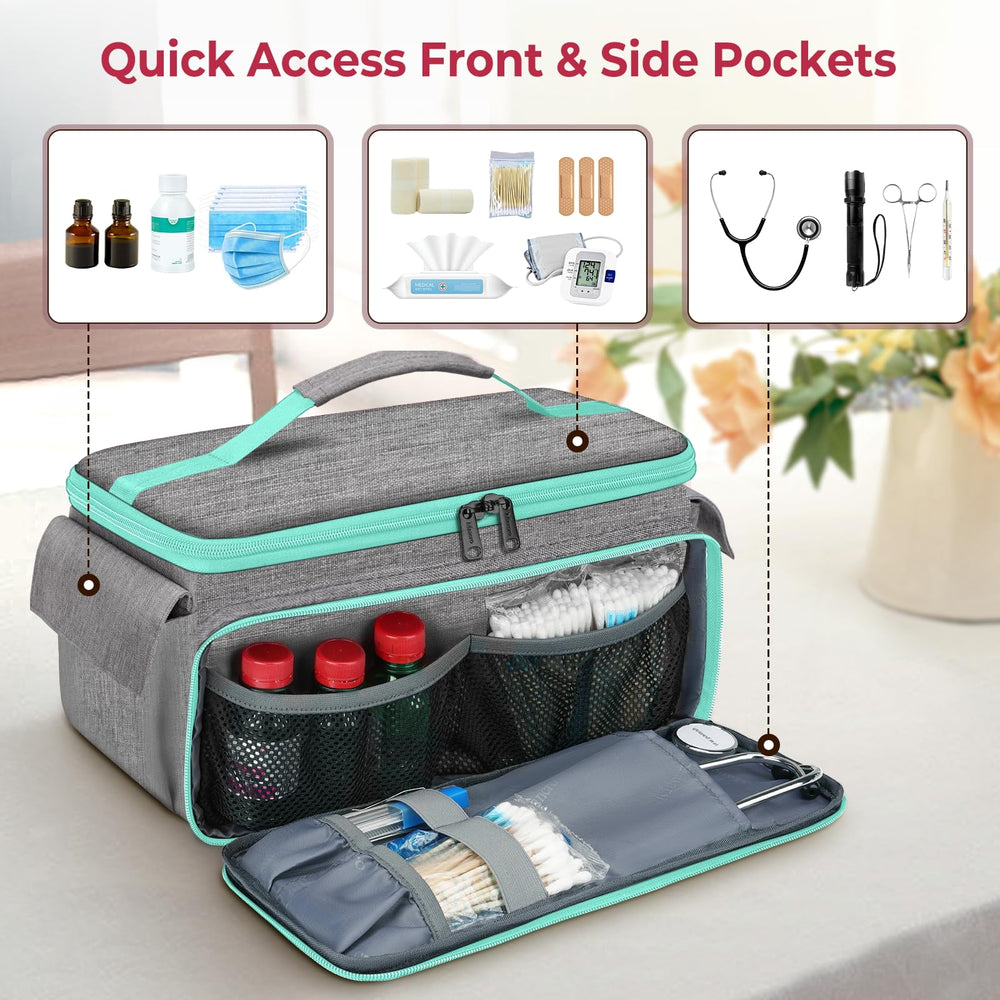 Front pocket stethoscope case protects instruments from bumps.