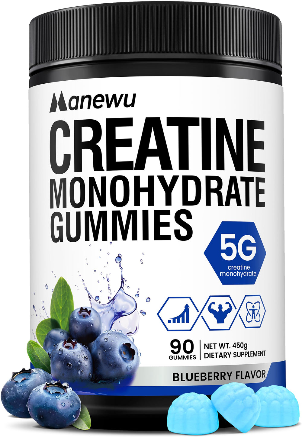 Manewu Creatine Monohydrate Gummies bottle front with blueberry flavor for daily performance support