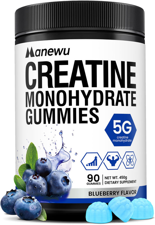 Manewu Creatine Monohydrate Gummies bottle front with blueberry flavor for daily performance support