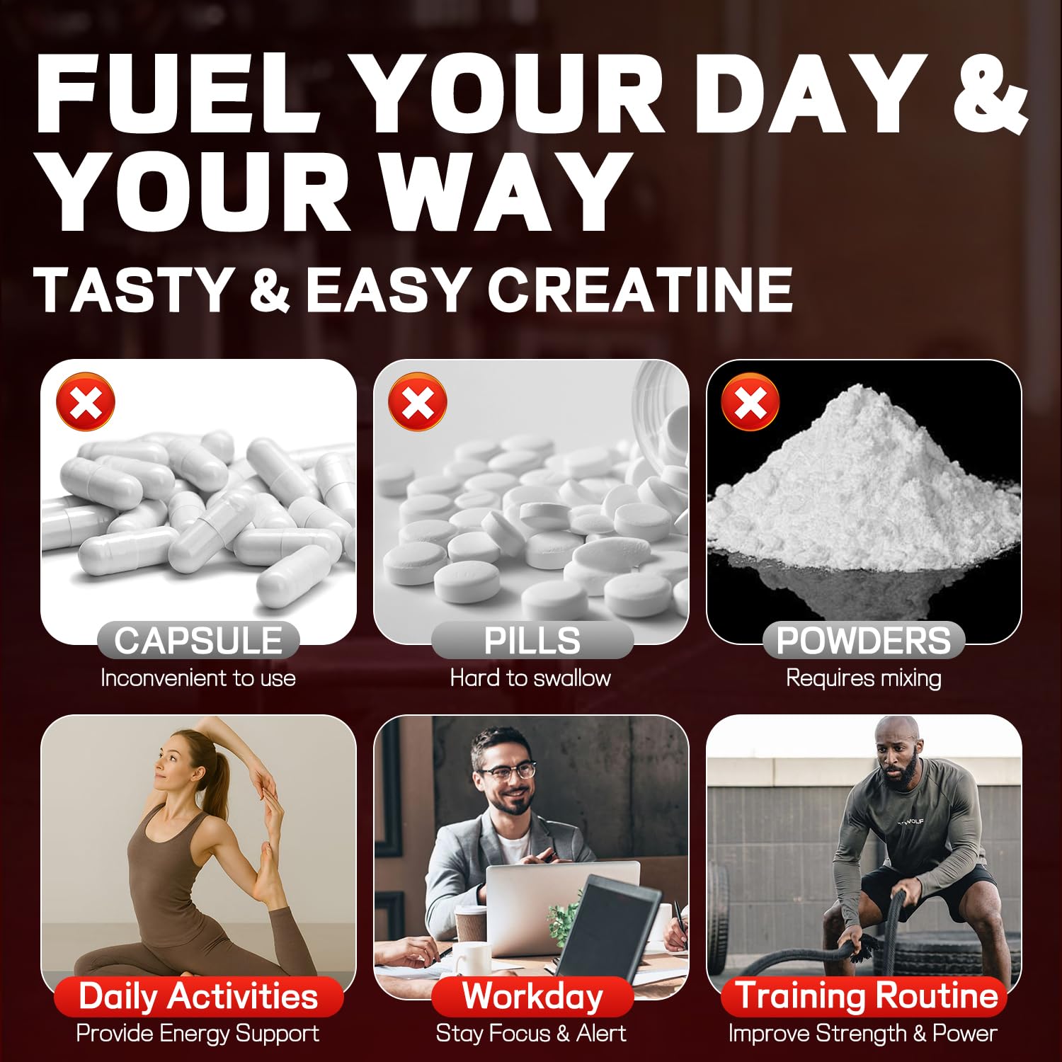 Manewu Creatine Monohydrate Gummies strength workout scene suggests performance support