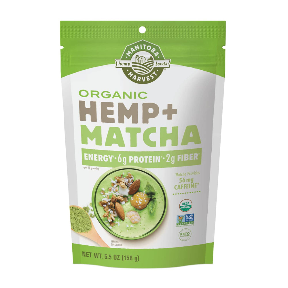 Manitoba Harvest Hemp+Matcha powder in a bag, ideal for a protein-packed morning boost