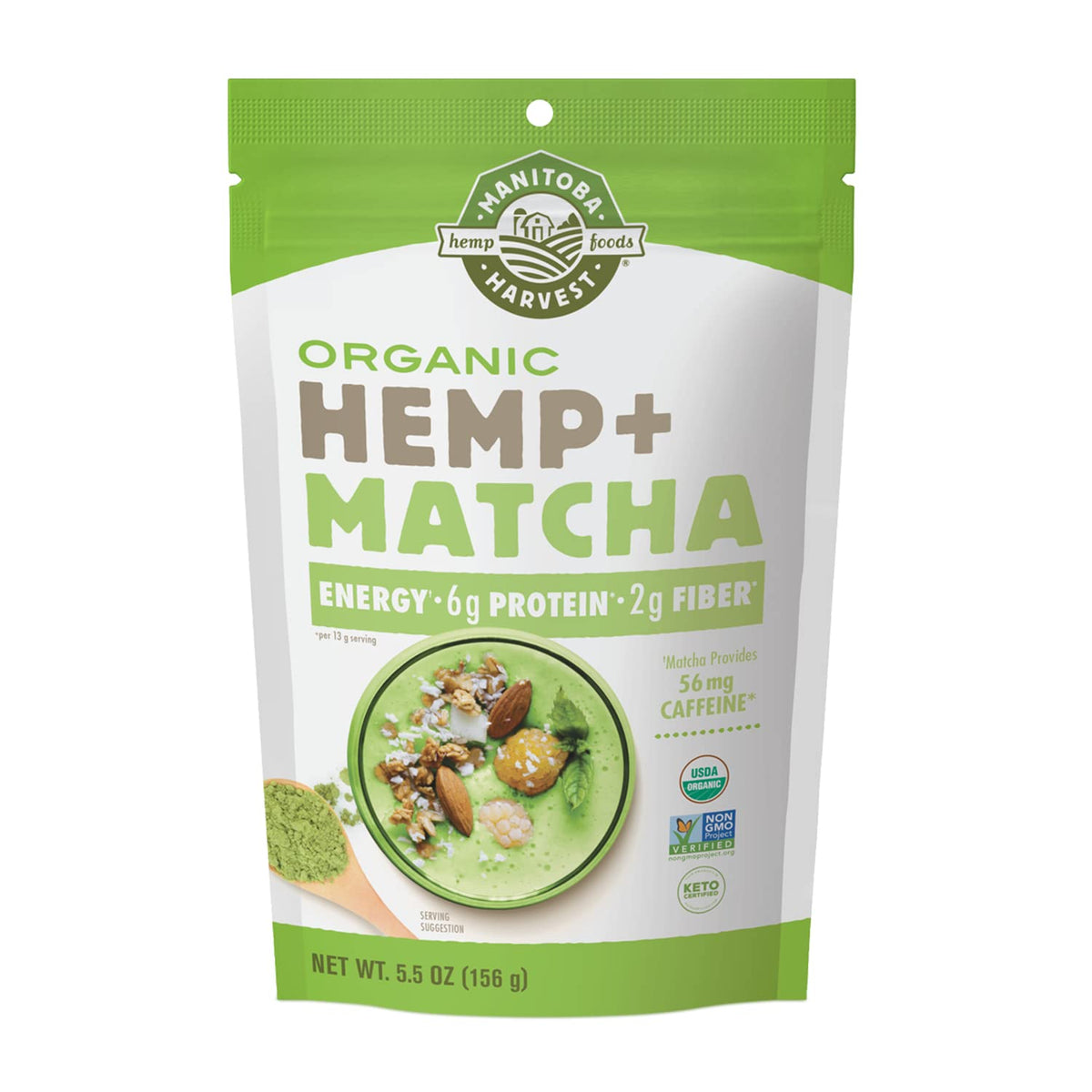 Manitoba Harvest Hemp+Matcha powder in a bag, ideal for a protein-packed morning boost