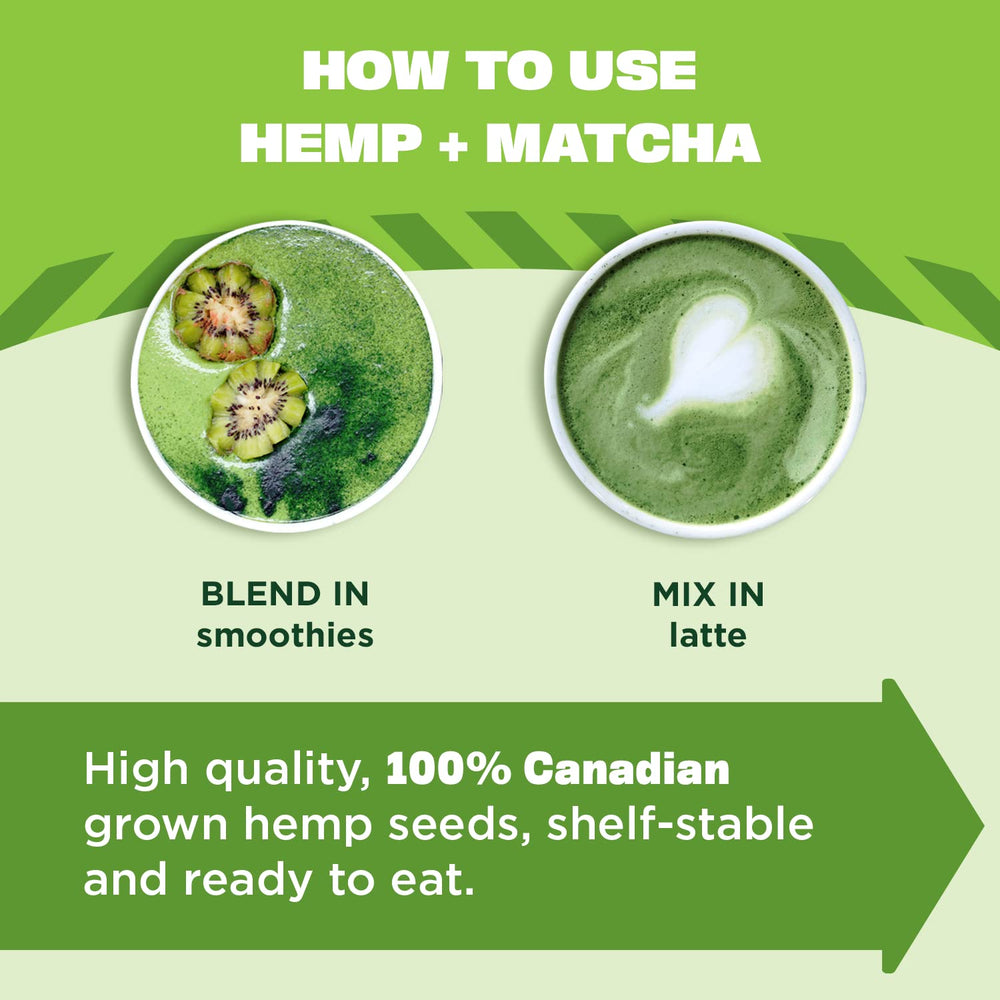 Manitoba Harvest Hemp+Matcha powder blended into a vibrant green smoothie