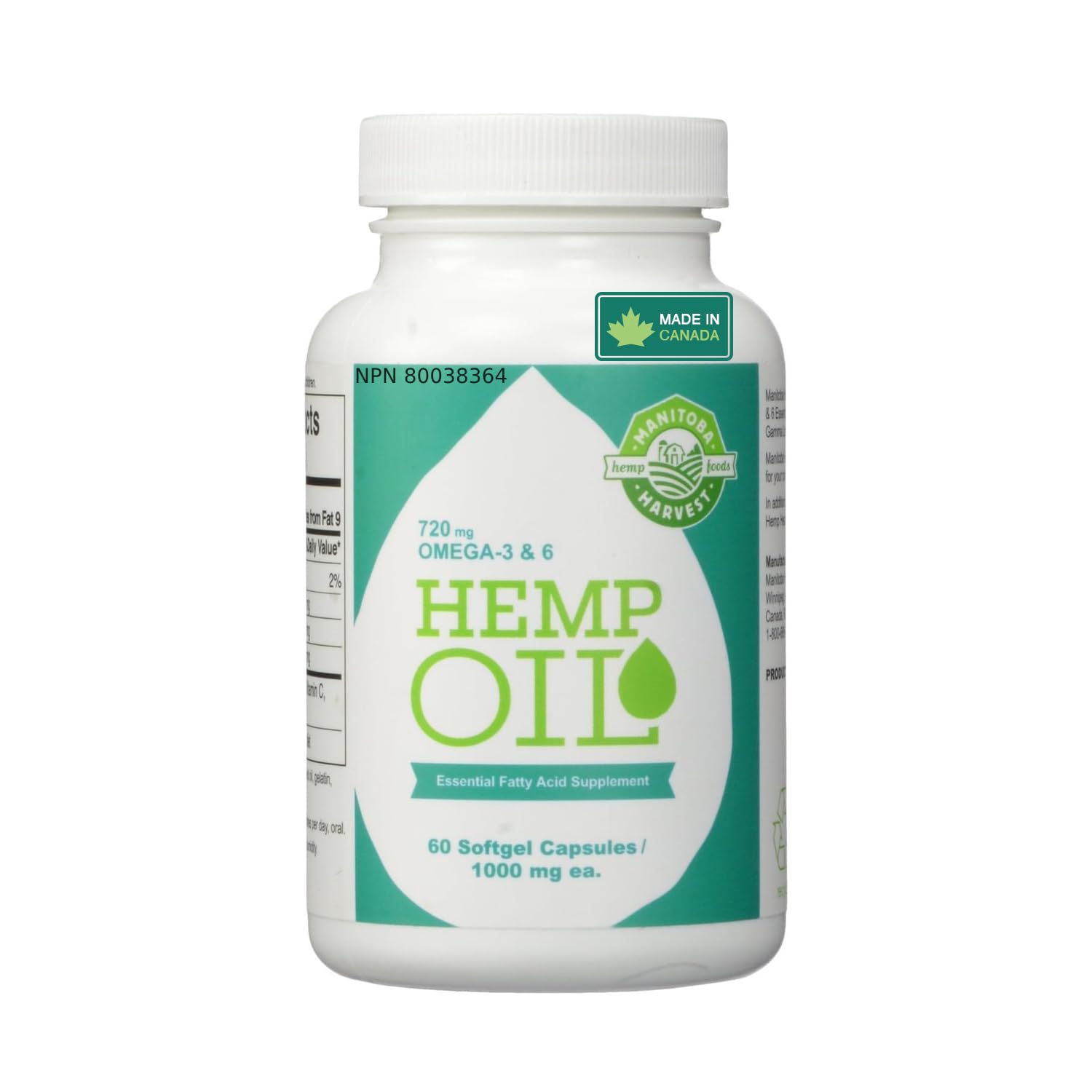 Manitoba Harvest hemp seed oil softgels bottle on shelf, convenient omega 3-6-9 source.