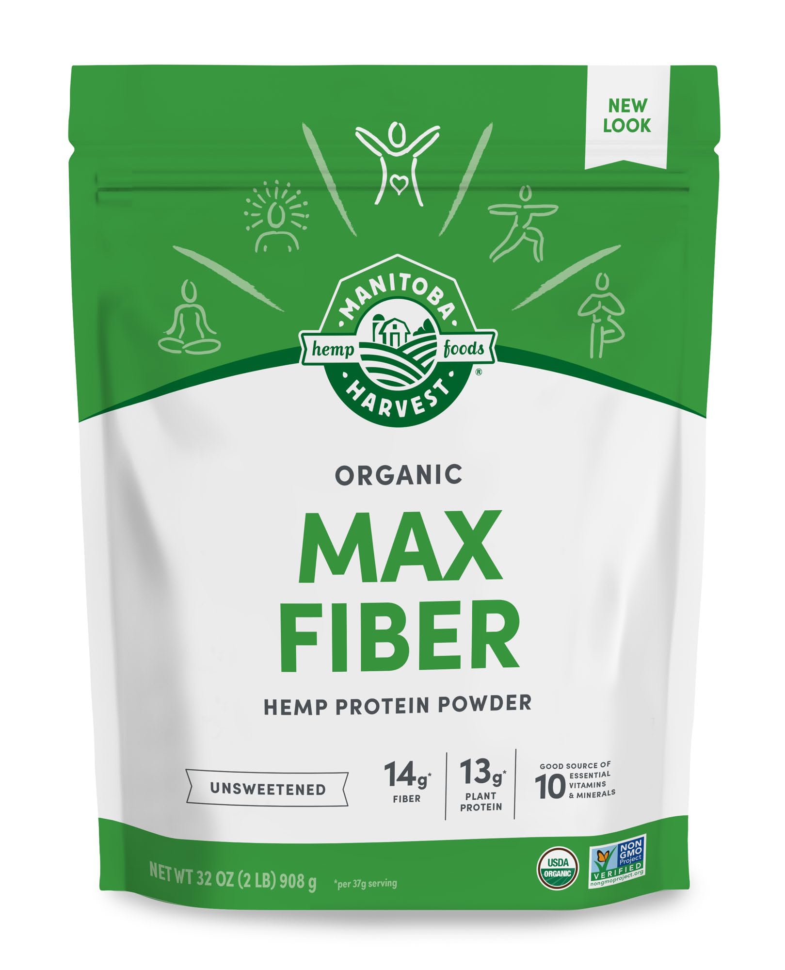 Manitoba Harvest Hemp Yeah bottle showing daily fiber and protein boost.