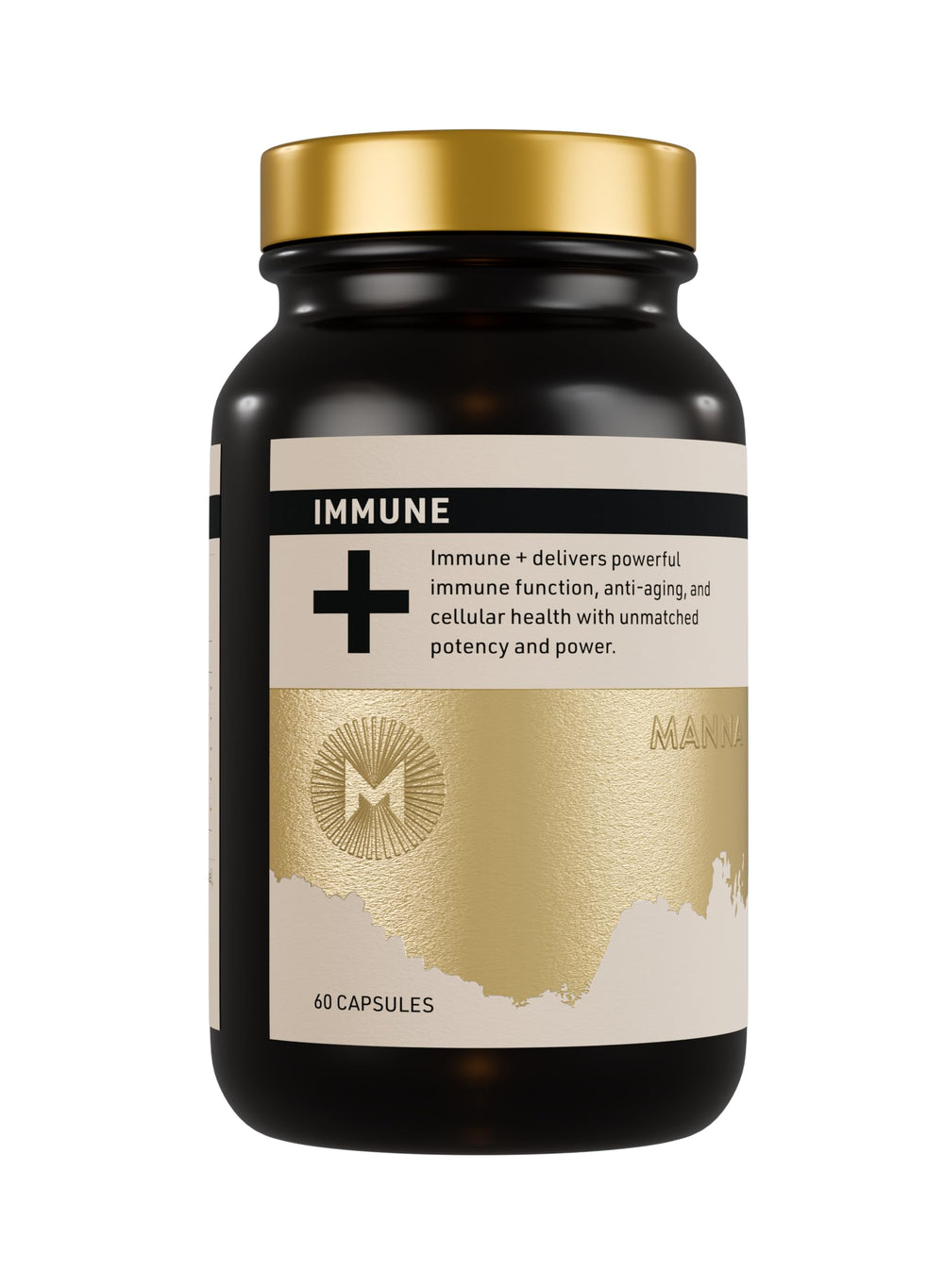 Manna Immune+ capsules in bottle front, highlighting daily immune support and vitamin C.