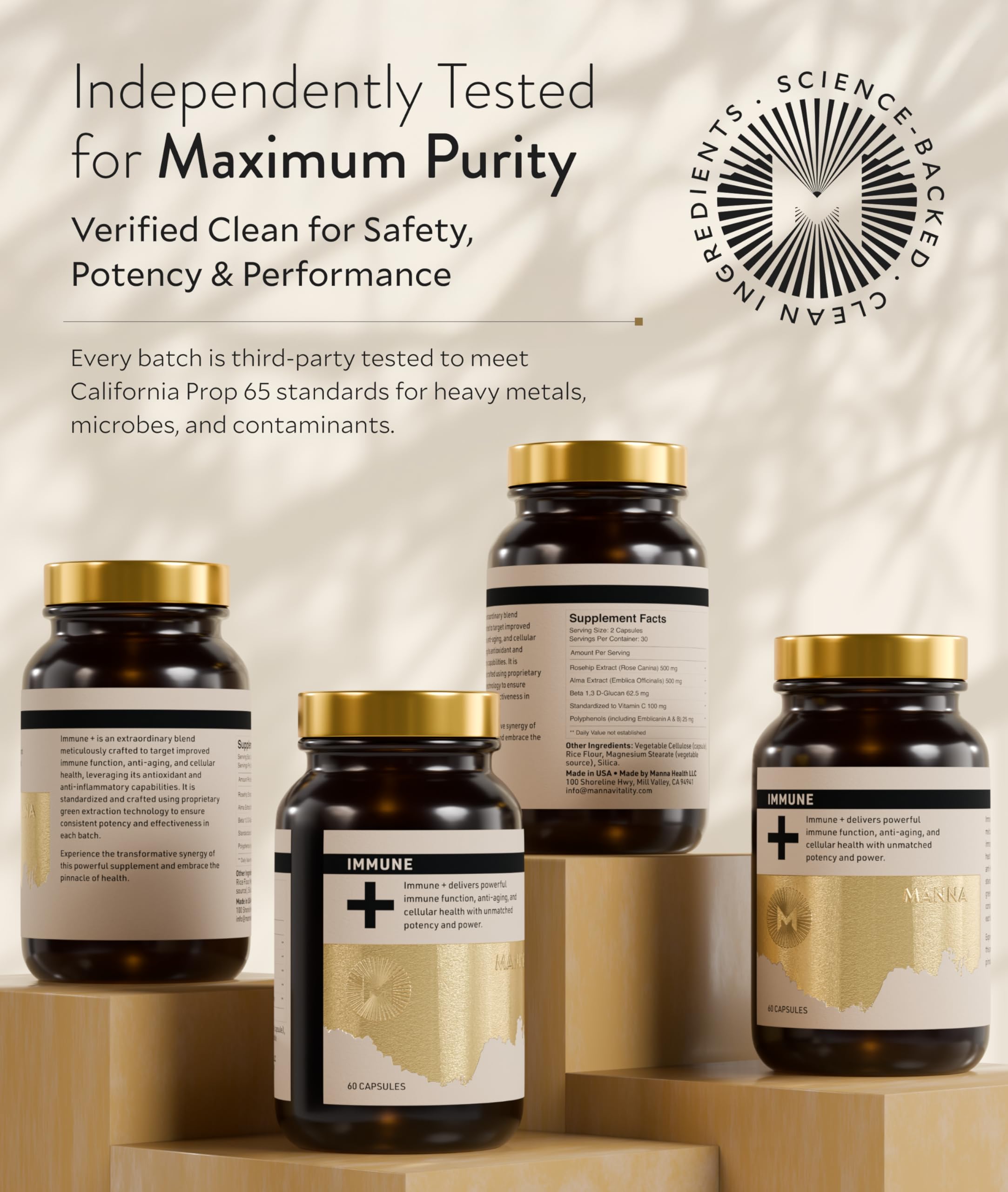 Manna Immune+ bottle label detail with emphasis on Amla and Rosehip ingredients.