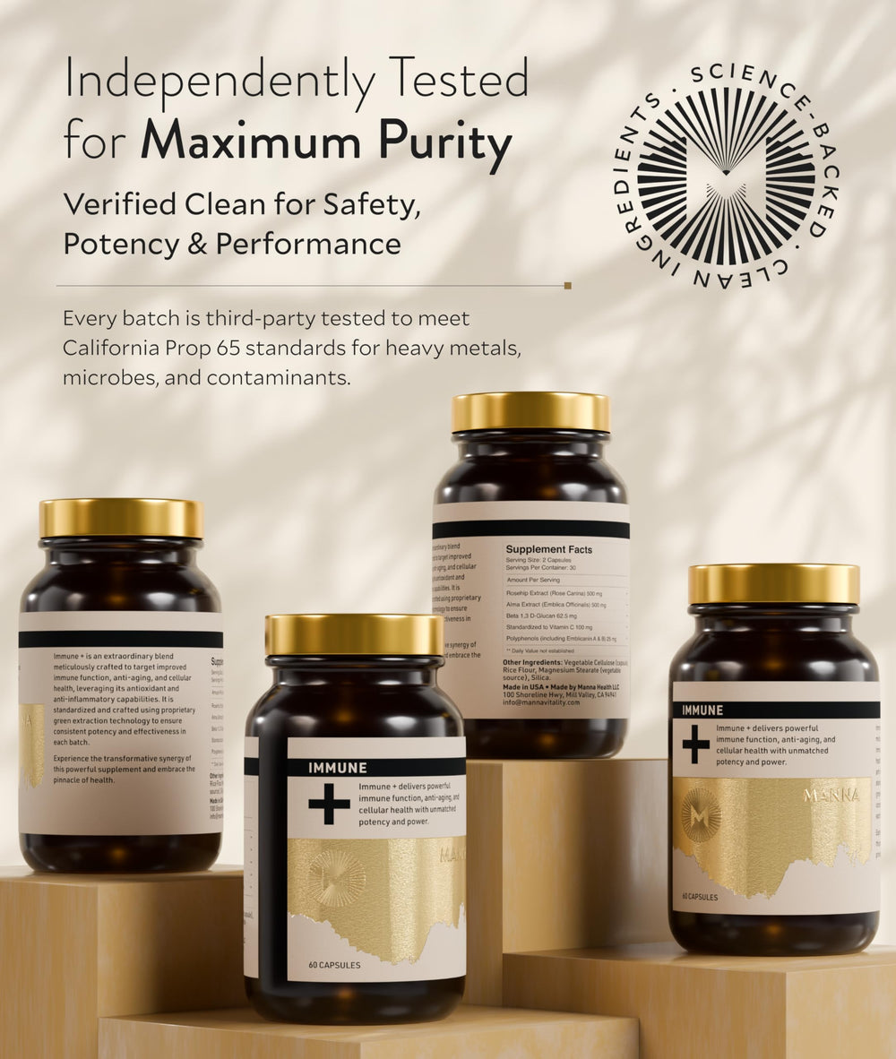 Manna Immune+ bottle label detail with emphasis on Amla and Rosehip ingredients.