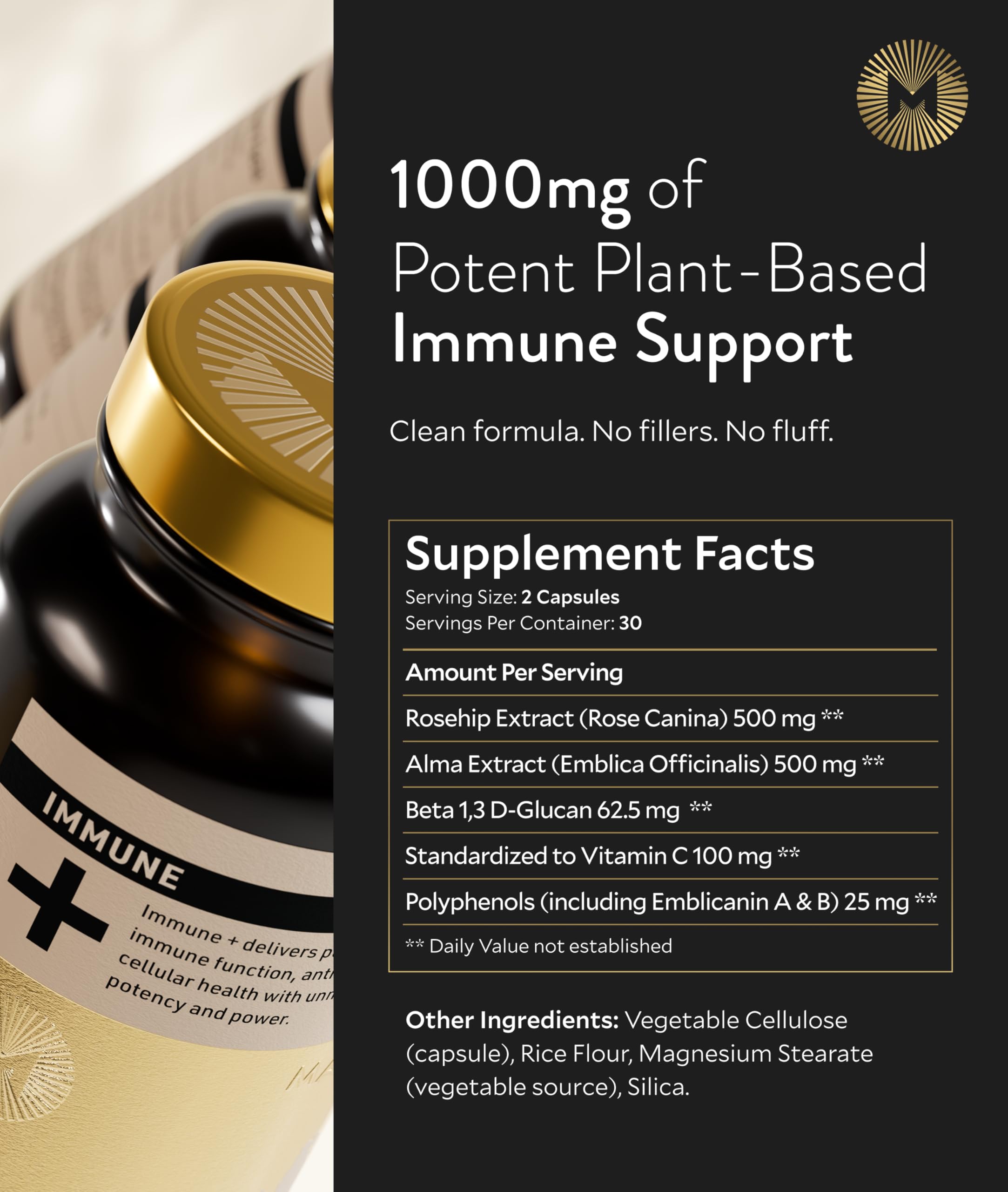Manna Immune+ bottle with a sunlight glow emphasizing vitality and energy support.