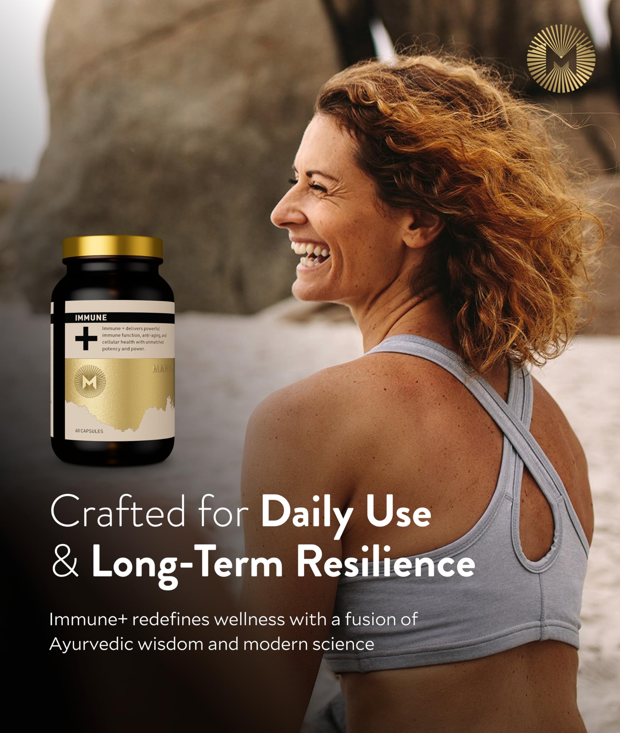 Manna Immune+ capsules on a flat lay to convey convenience for busy mornings.