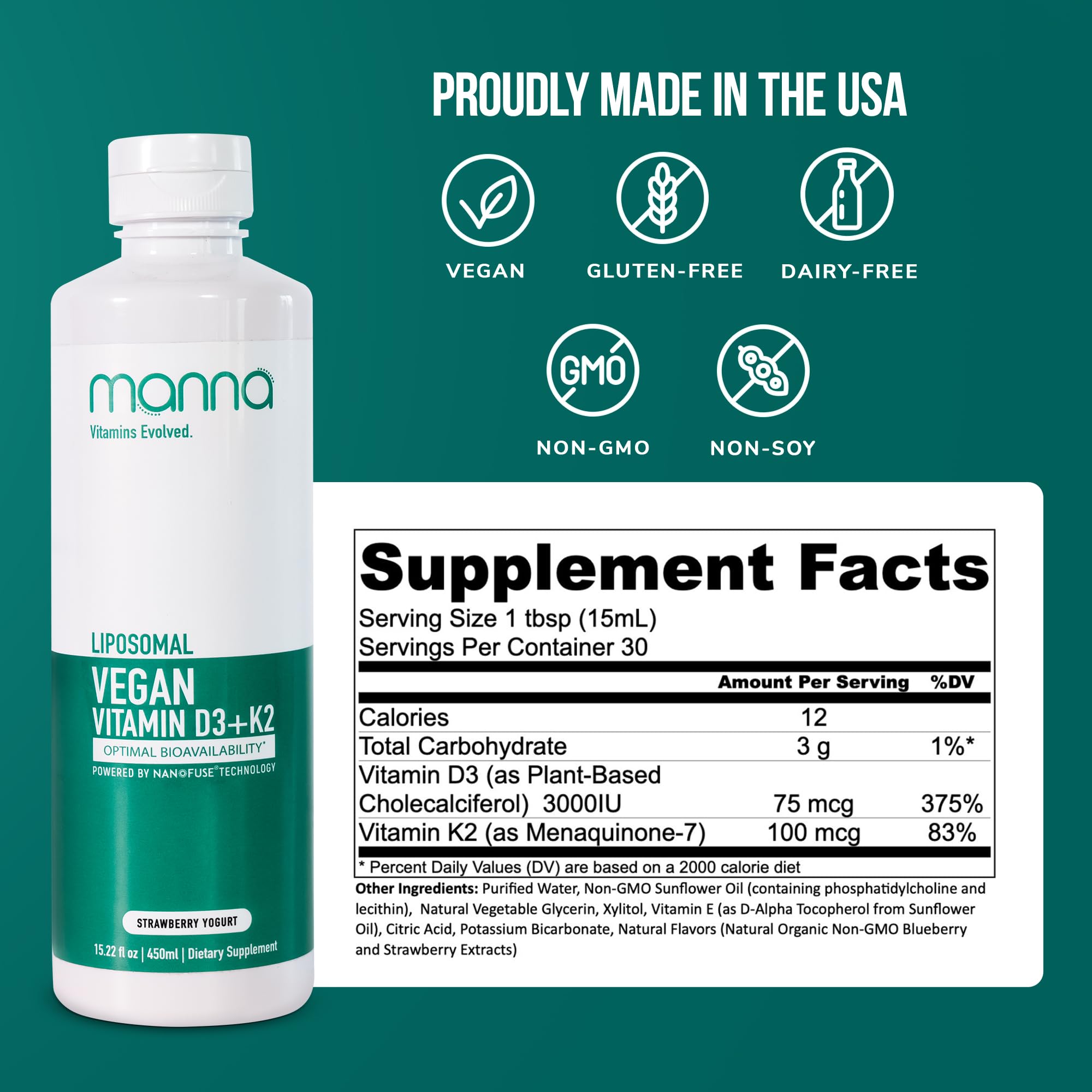 Manna Vitamins Evolved bottle pour demonstrates easy daily D3 K2 intake.