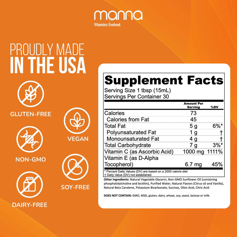 Manna liposomal C bottle being poured into a glass for easy dosing.