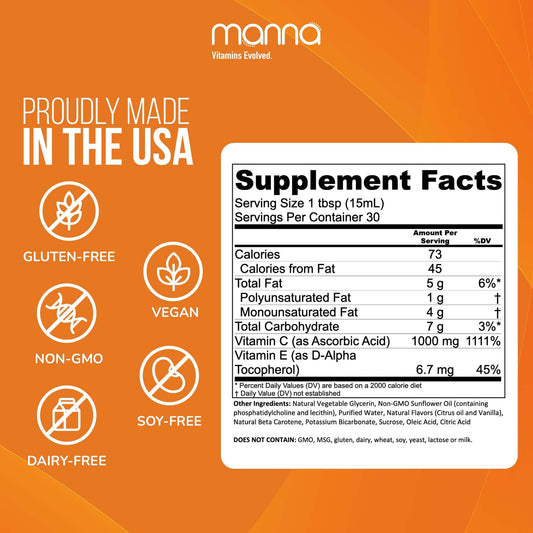 Manna liposomal C bottle being poured into a glass for easy dosing.