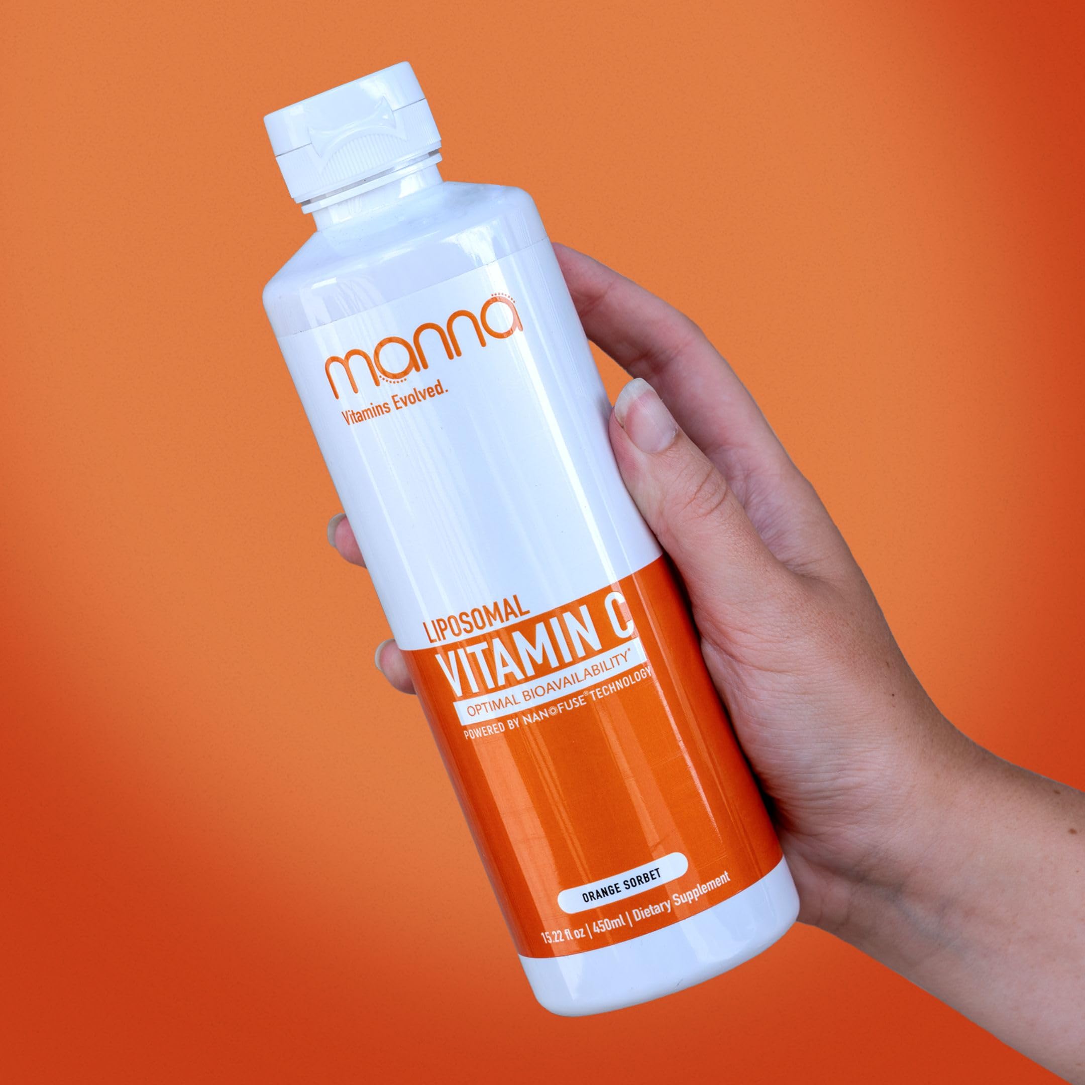 Manna Vitamins Evolved liposomal C bottle showcasing high-absorption formula for immune support.