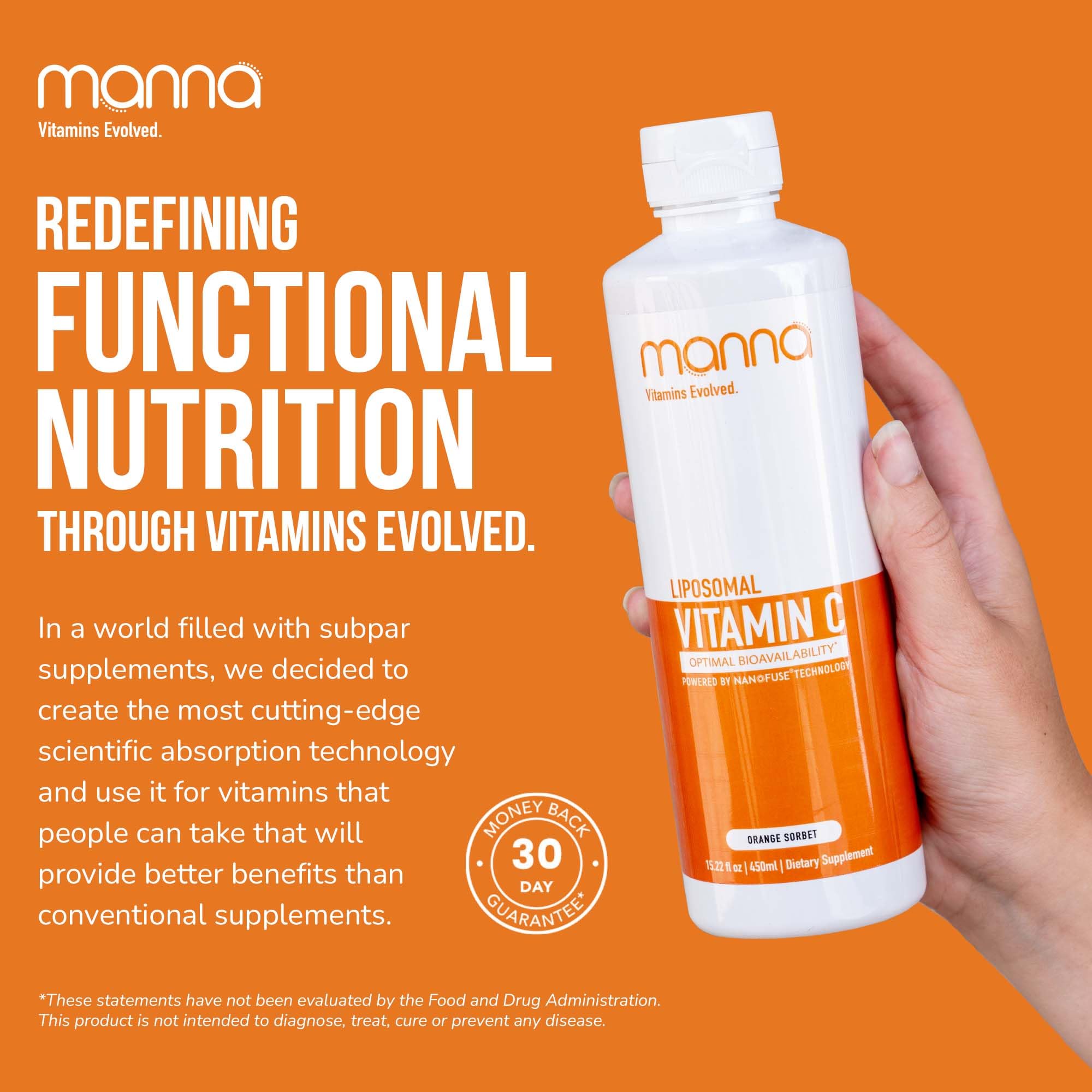 Eco-friendly packaging on display from Manna Vitamins Evolved liposomal C.