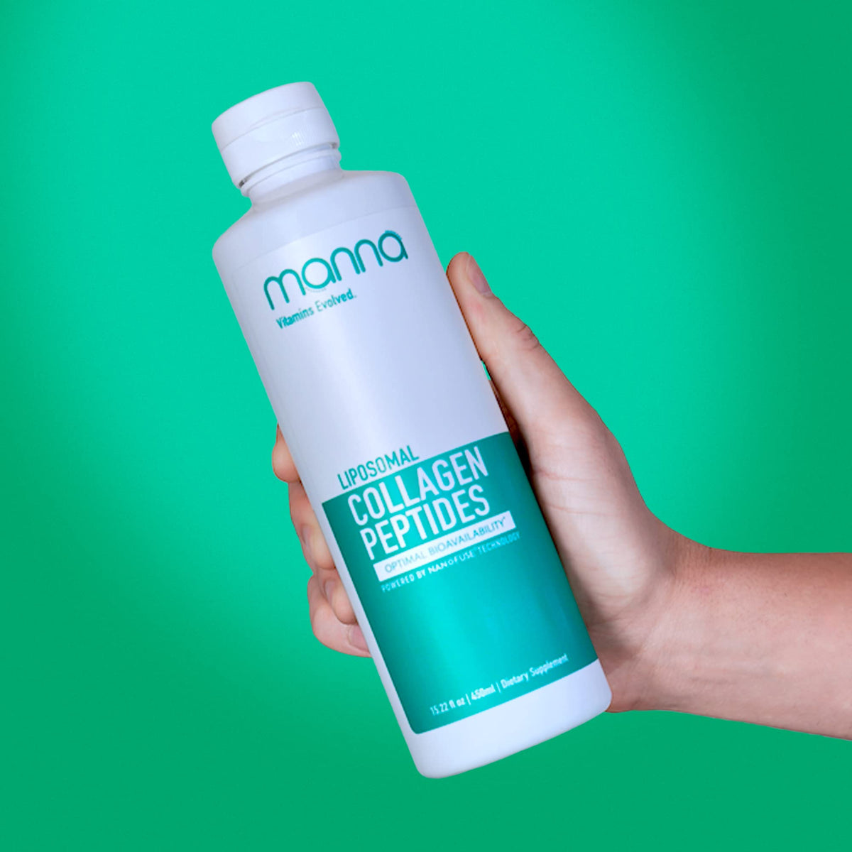 Manna Vitamins Evolved liposomal collagen bottle front highlighting skin hydration and glow potential
