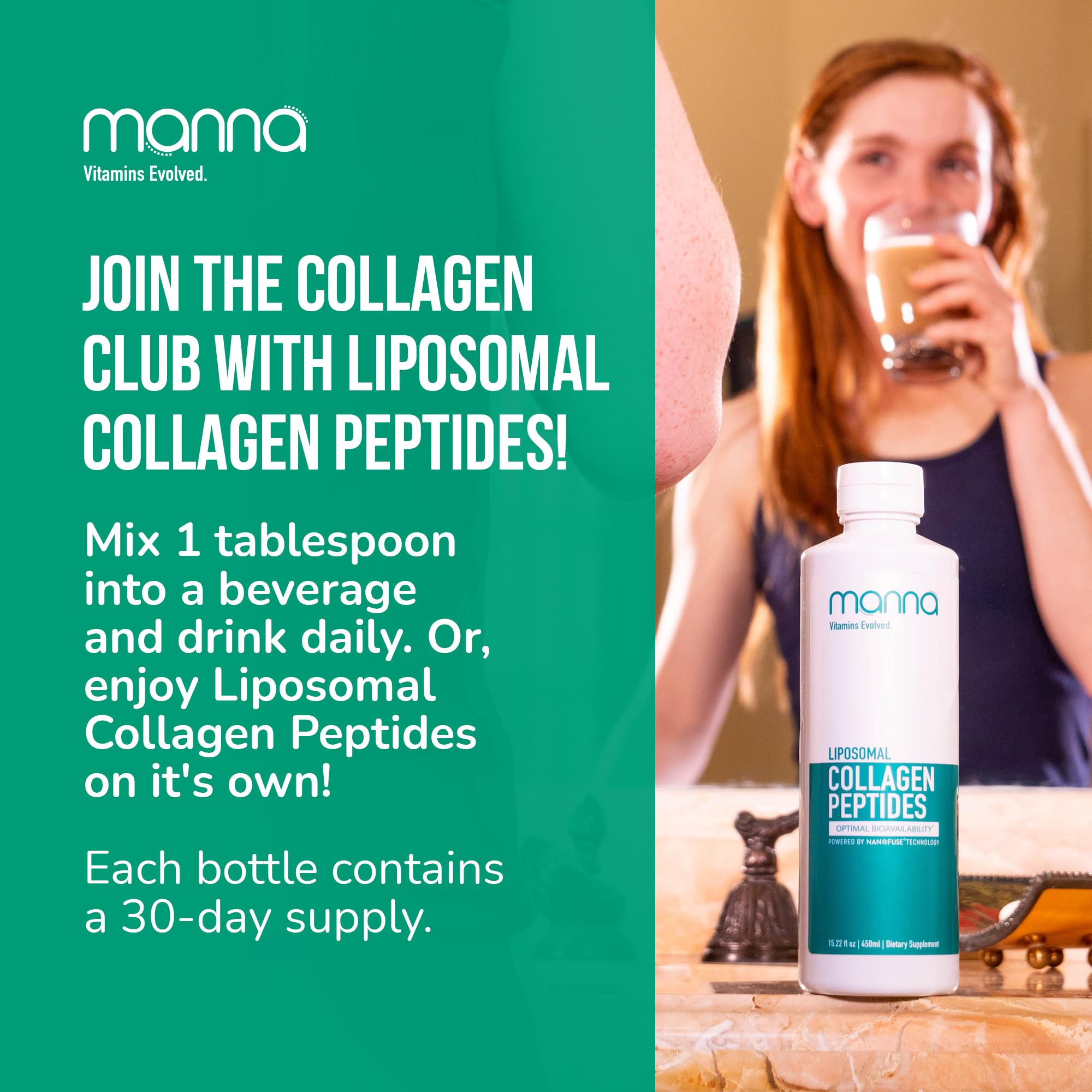 Manna liposomal collagen ingredients graphic highlights hydrolyzed collagen and liposome technology