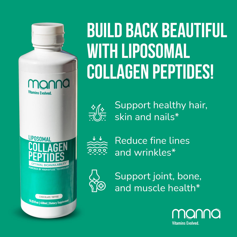 Manna liposomal collagen label close-up shows grass-fed origin and quality ingredients