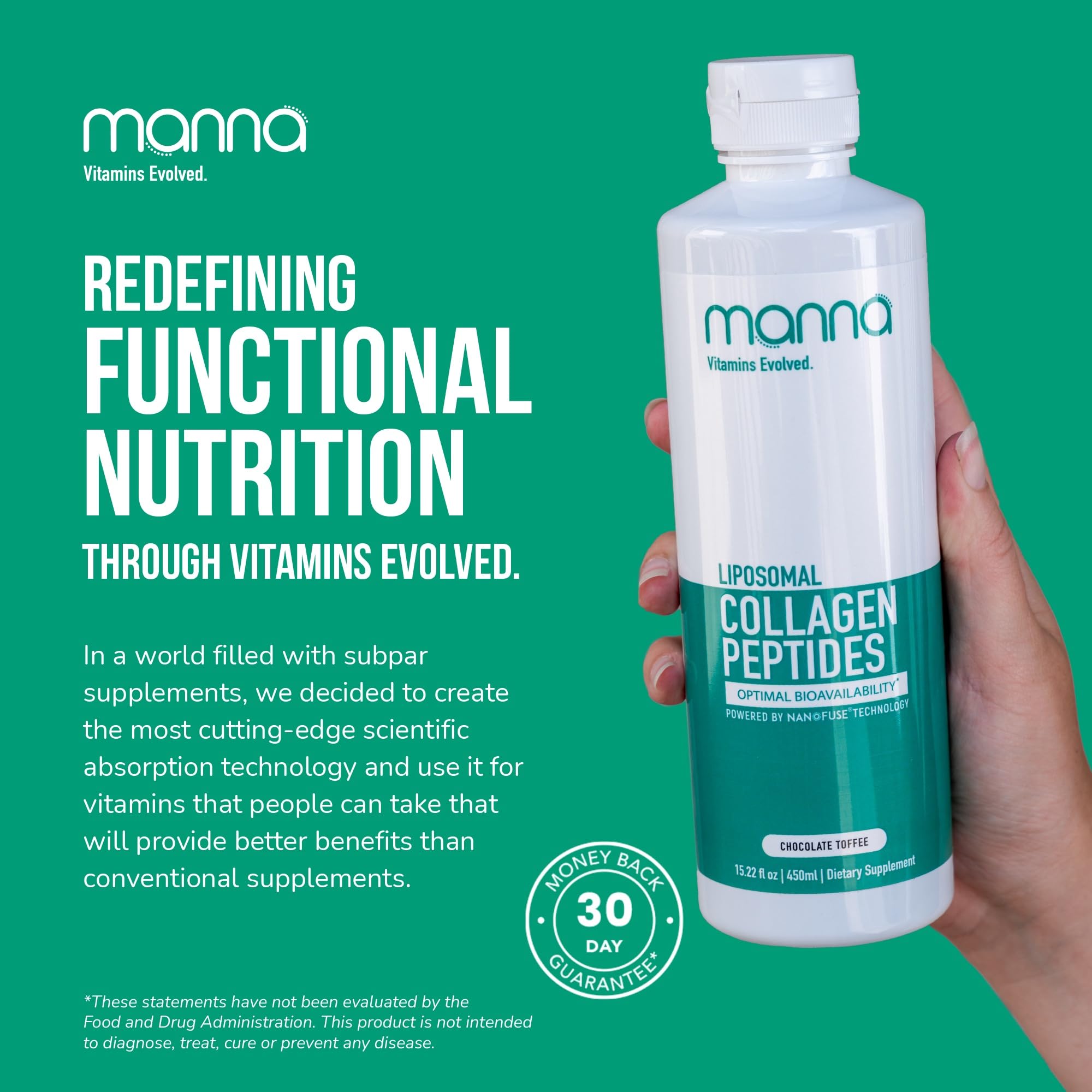 Manna liposomal collagen on shelf communicates non-GMO premium liquid format