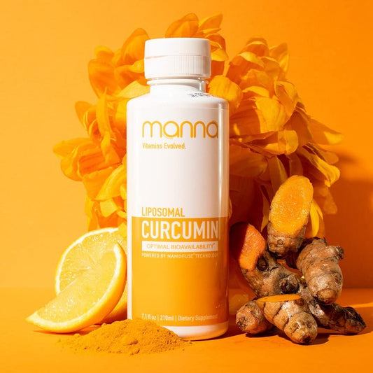 Manna Vitamins Evolved liposomal curcumin bottle front, easy daily use.