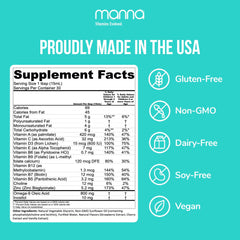 Manna Vitamins Evolved liposomal kids multivitamin bottle label highlighting 13 essential nutrients