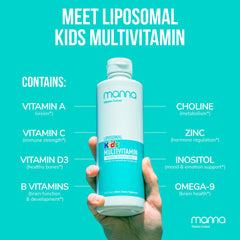 Manna Vitamins Evolved liposomal kids multivitamin packaging display emphasizes sugar-free formula