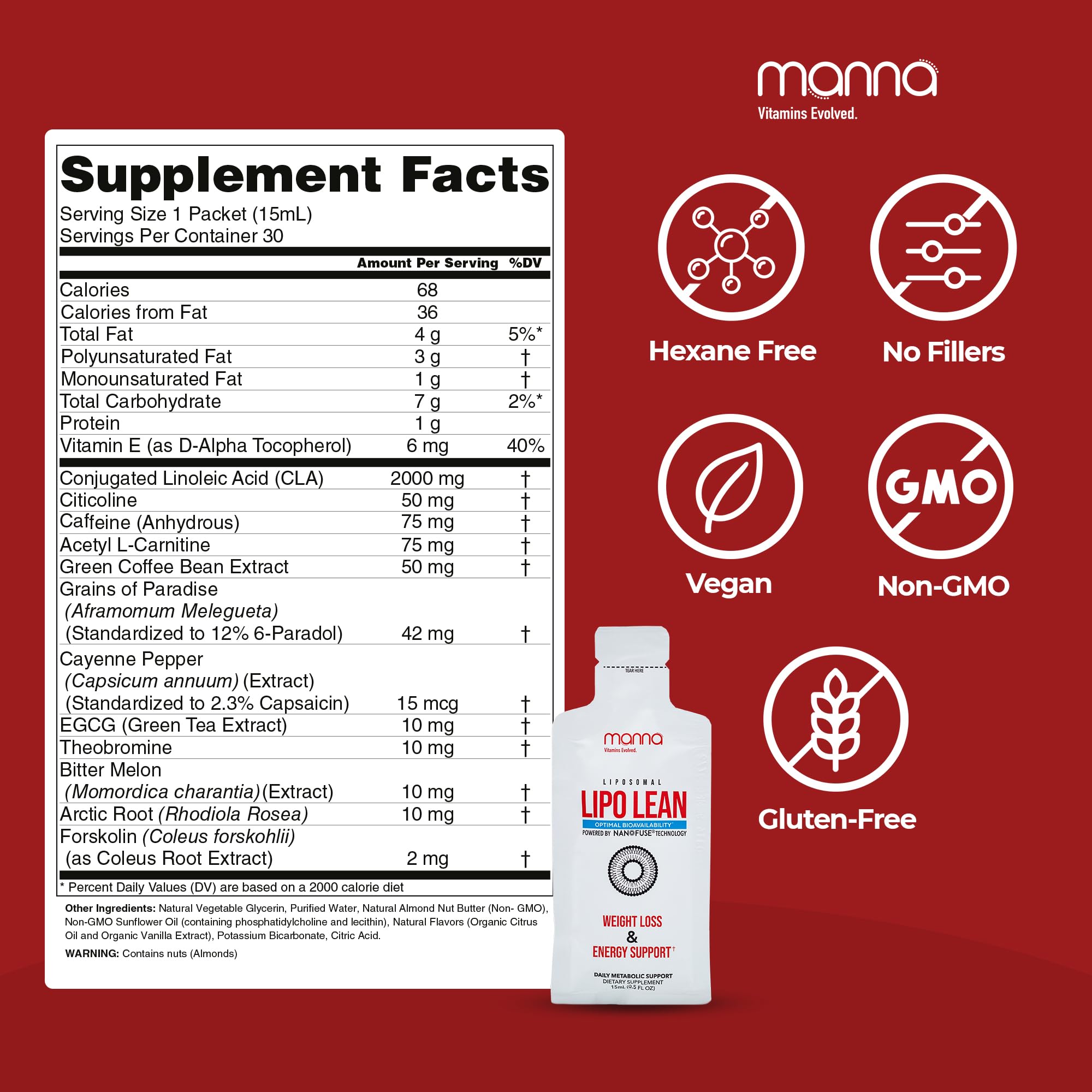 Manna Vitamins Evolved liposomal Lipo Lean bottle close-up shows premium packaging.