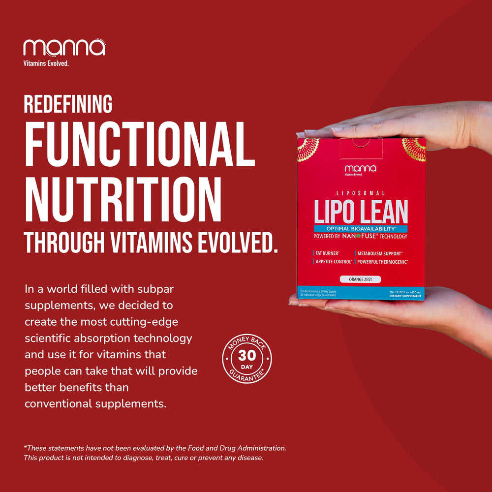 Manna Vitamins Evolved liposomal Lipo Lean glass with serving suggests daily wellness routine.