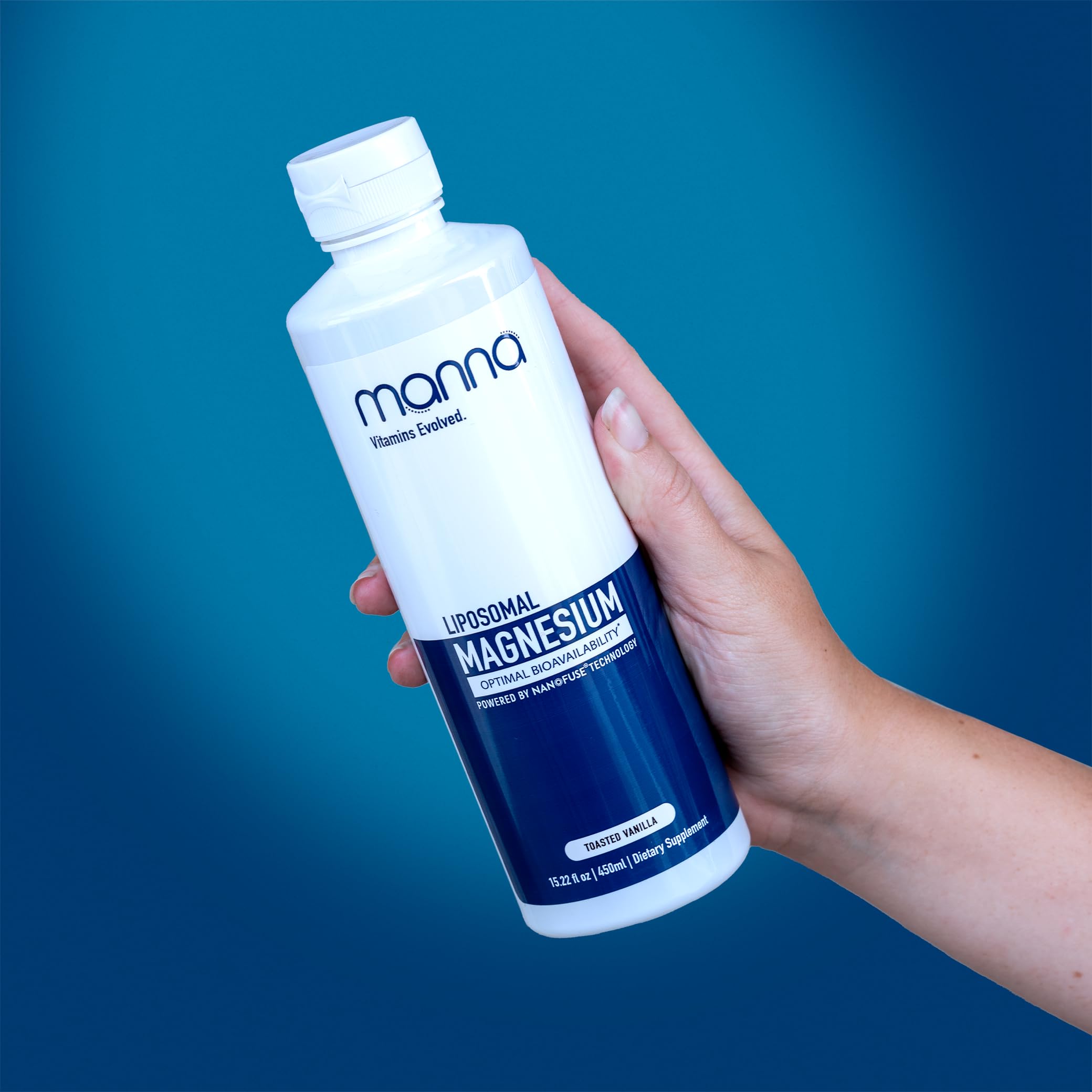 Manna Vitamins Evolved liposomal magnesium bottle promotes relaxation and smoother evenings.