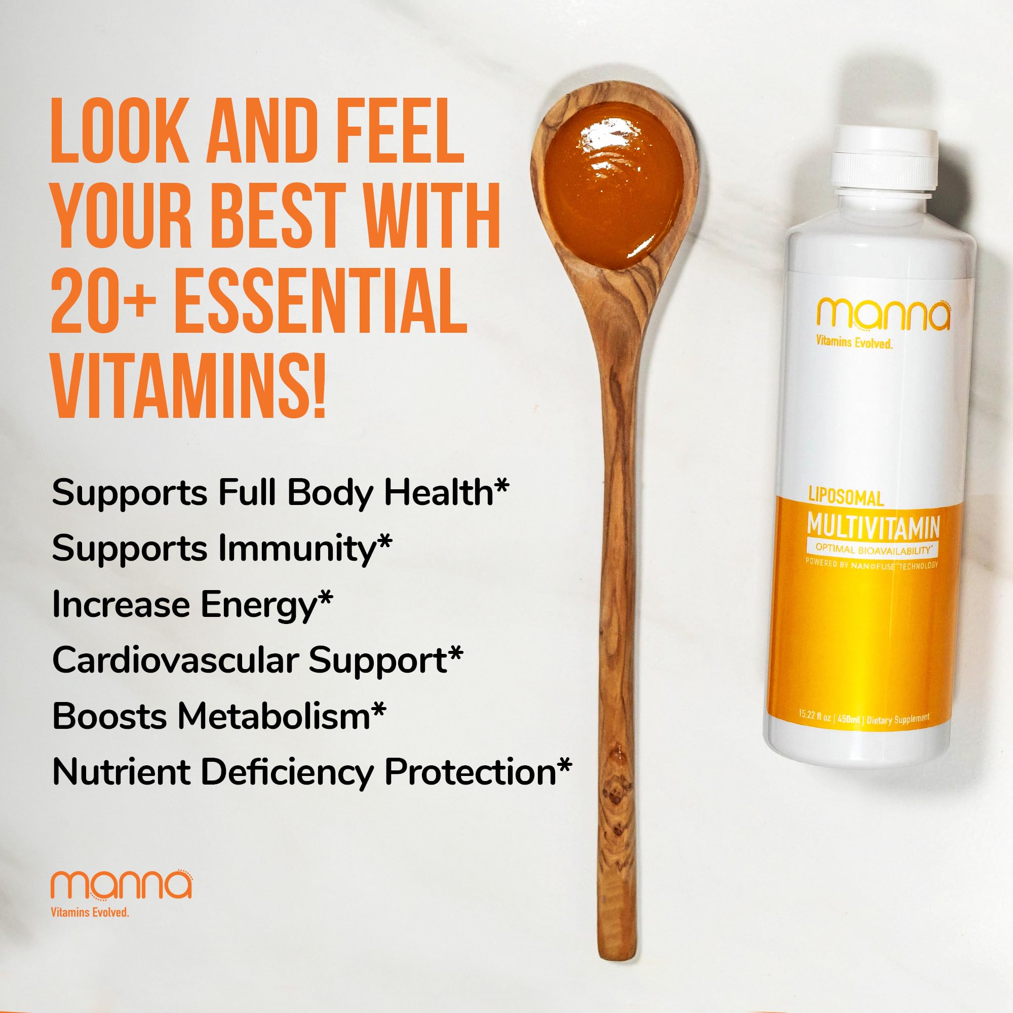 Back label shows ingredients and key benefits for Manna liposomal multivitamin