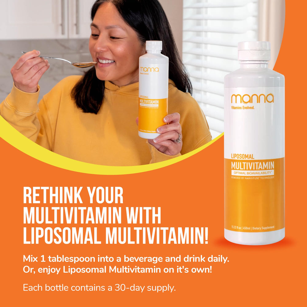 Daily-use scene with the Manna liposomal multivitamin bottle