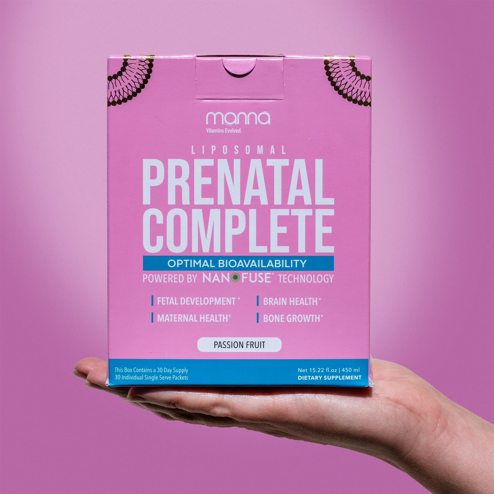 Manna Vitamins Evolved Liposomal Prenatal Complete bottle for easy daily prenatal support.