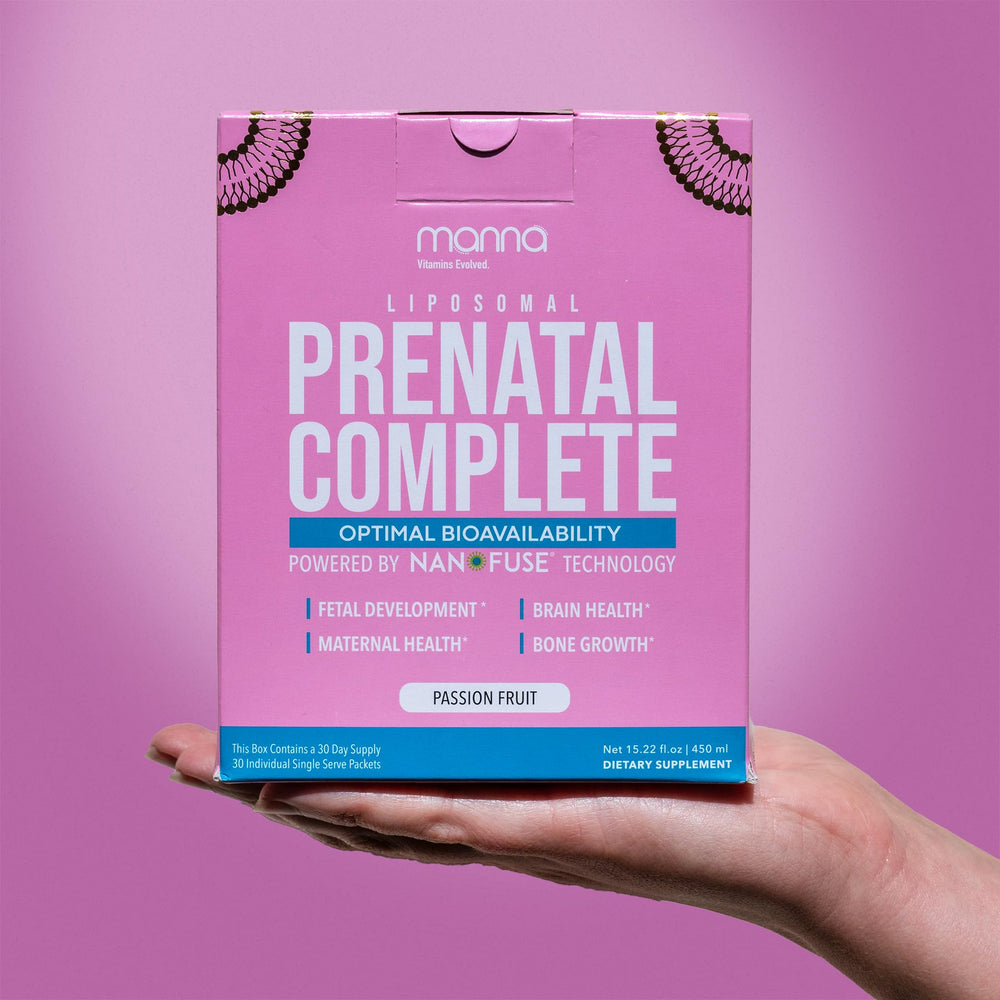 Manna Vitamins Evolved Liposomal Prenatal Complete bottle for easy daily prenatal support.