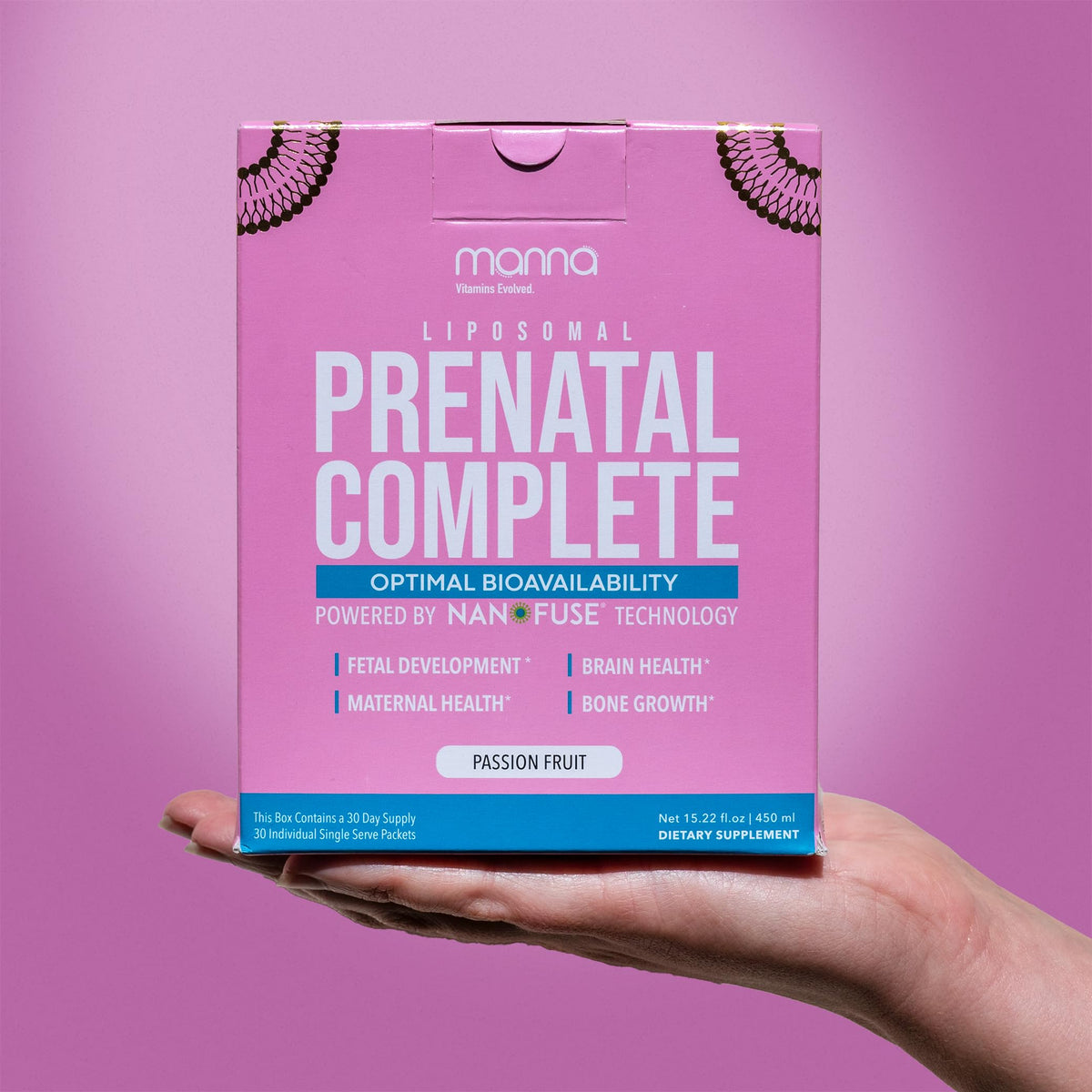 Manna Vitamins Evolved Liposomal Prenatal Complete bottle for easy daily prenatal support.