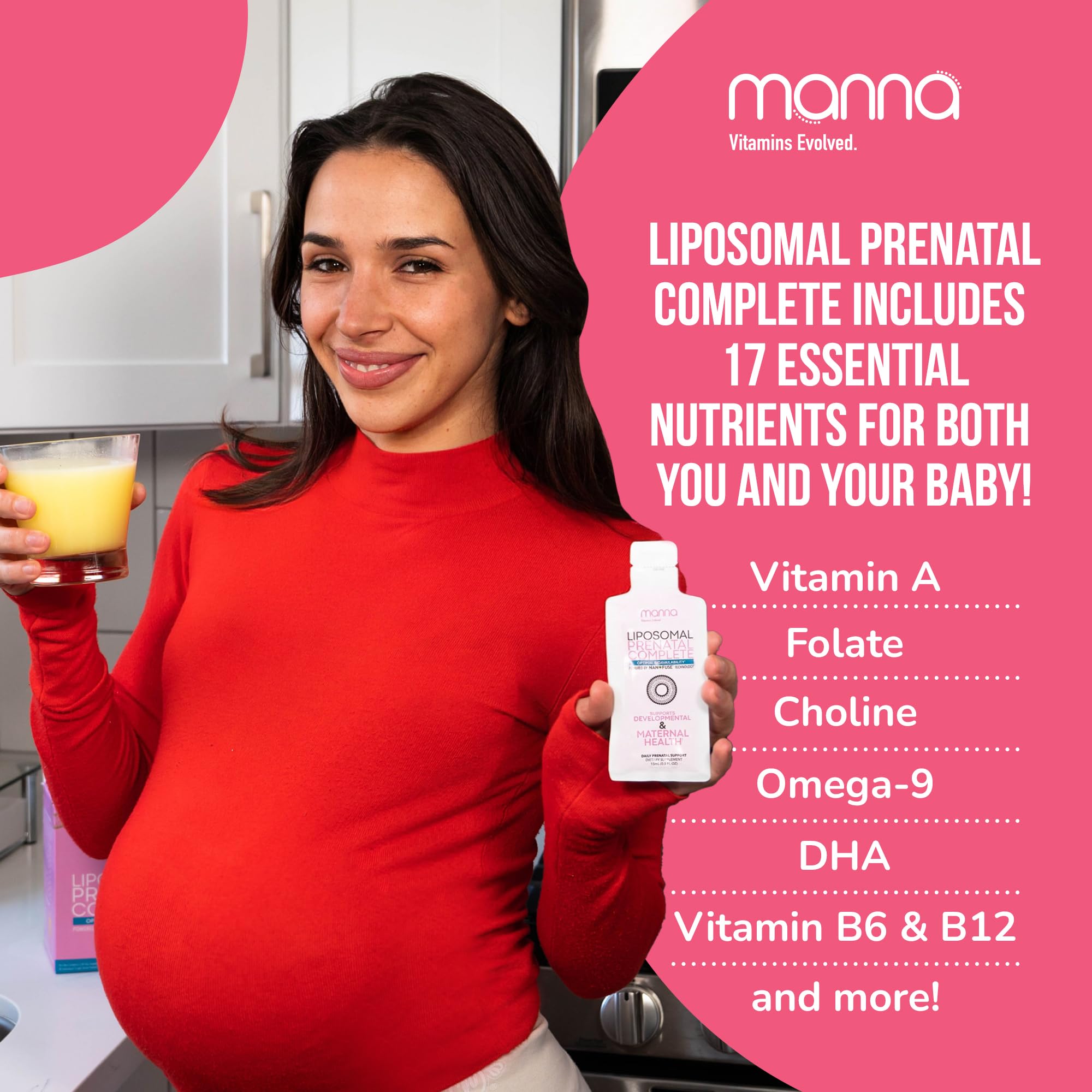 Manna Vitamins Evolved Liposomal Prenatal Complete bottle highlights brain development nutrients.
