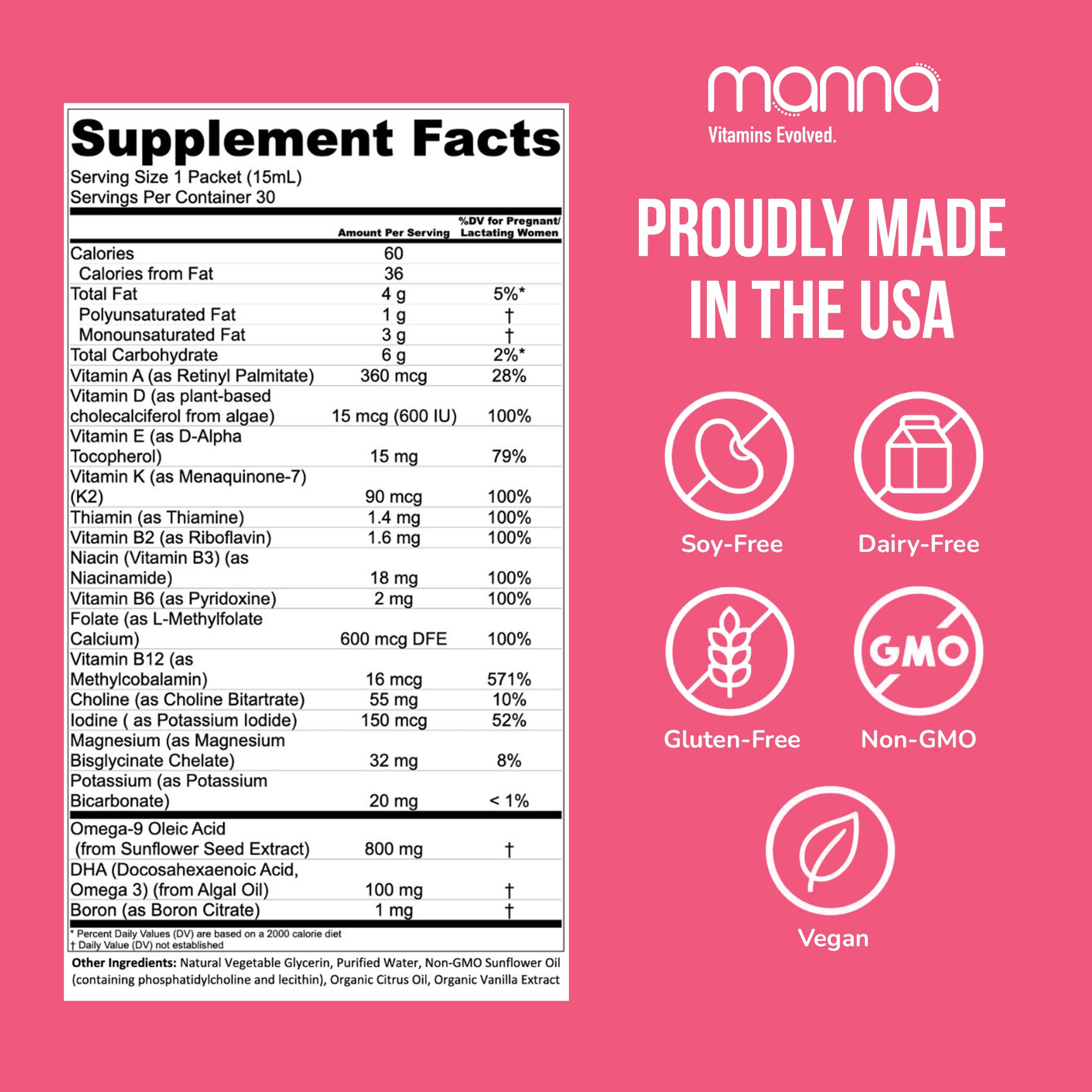 Manna Vitamins Evolved Liposomal Prenatal Complete bottle with pour spout for convenient dosing.