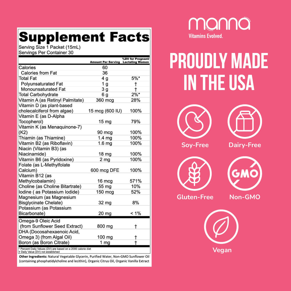 Manna Vitamins Evolved Liposomal Prenatal Complete bottle with pour spout for convenient dosing.