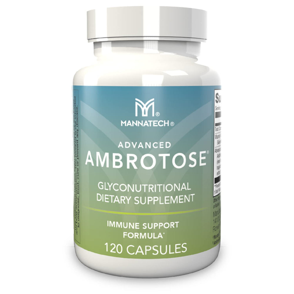 Mannatech Advanced Ambrotose bottle and capsules for daily immune wellness.