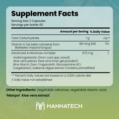 Close-up of Ambrotose label highlights aloe‑based formula for digestive support.