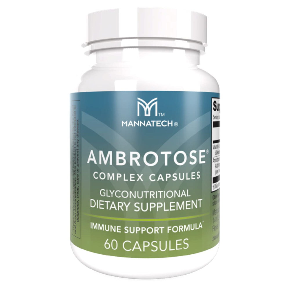 Mannatech Ambrotose Complex capsules bottle highlights plant-based immune support